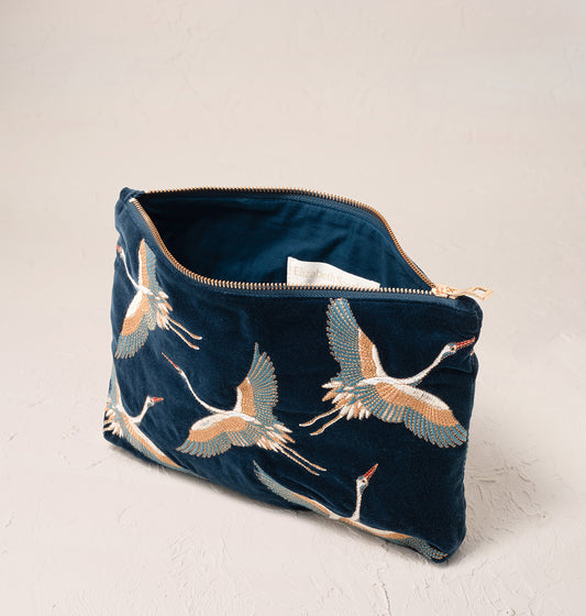 Cranes Ink Blue Velvet Everyday Pouch