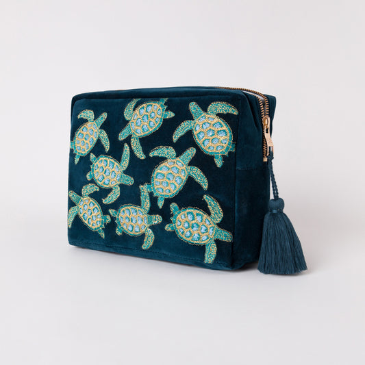 Turtle Conservation Marine Navy Velvet Wash Bag