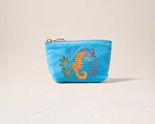 Coral Seahorse Mediterranean Blue Velvet Coin Purse