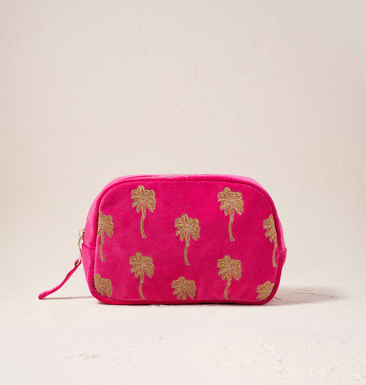 Gold Palm Pink Velvet Makeup Bag