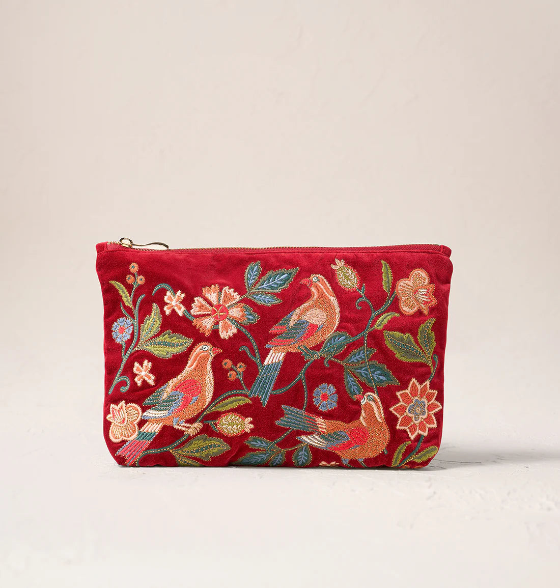 Botanical Birds Velvet Everyday Pouch Rouge