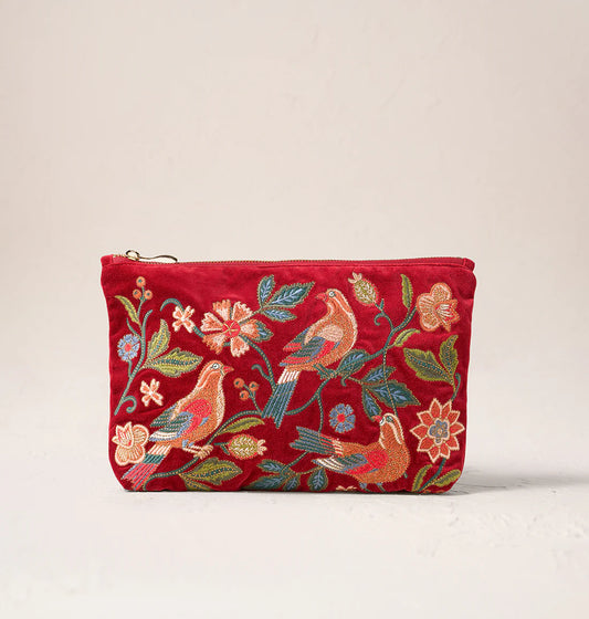 Botanical Birds Velvet Everyday Pouch Rouge