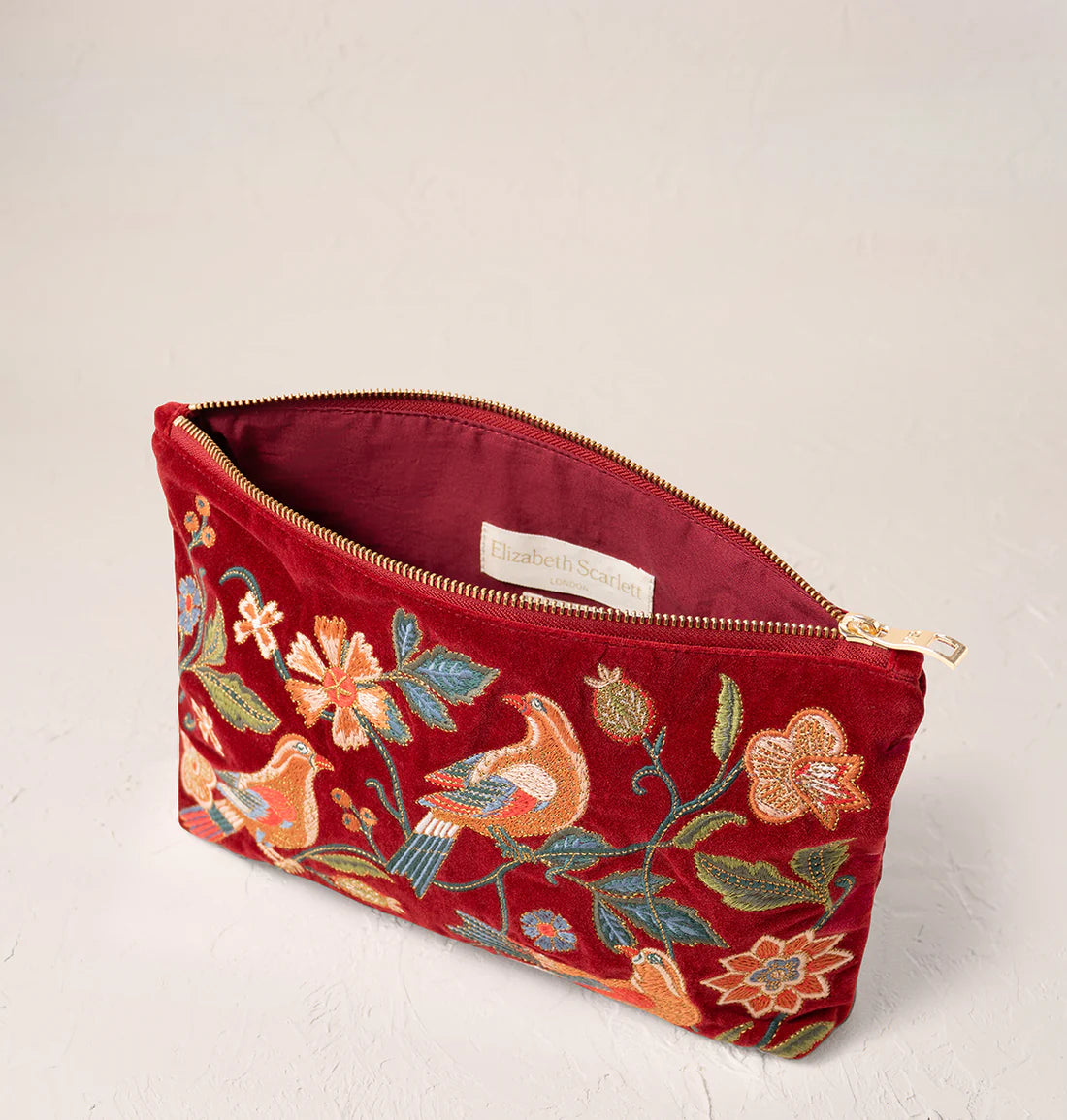 Botanical Birds Velvet Everyday Pouch Rouge