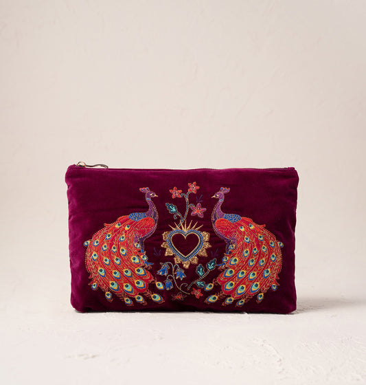 Peacock Floral Ink Ruby Velvet Everyday Pouch