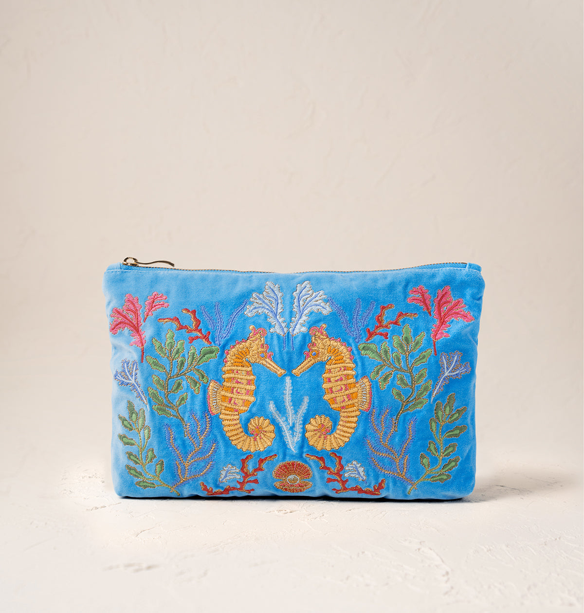 Coral Seahorse Mediterranean Blue Velvet Everyday Pouch