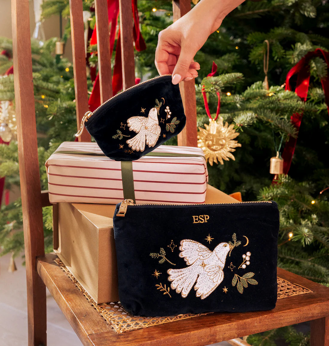 Doves of Peace Velvet Everyday Pouch - Charcoal