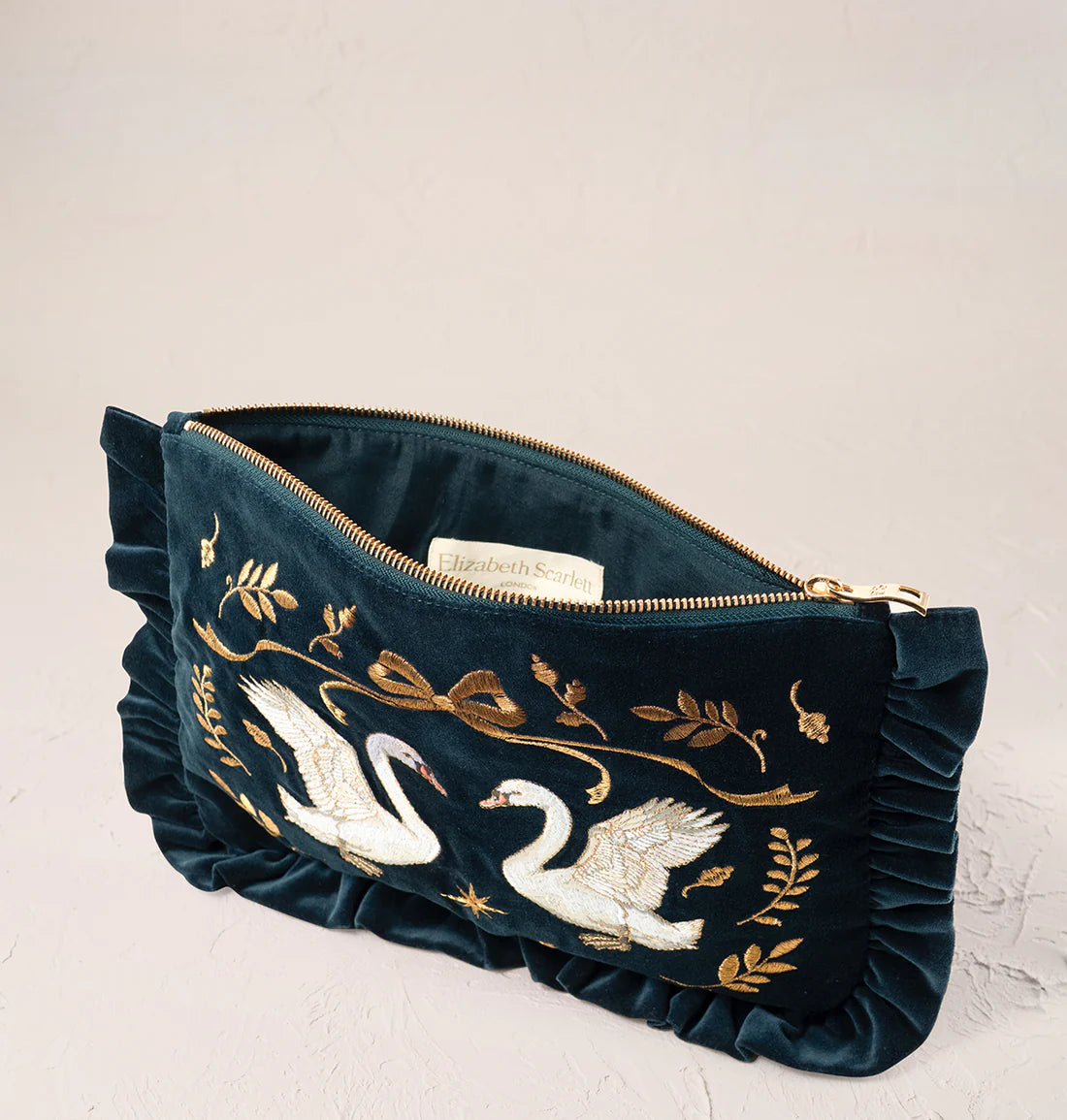 Majestic Swans Velvet Frill Pouch - Ink Blue