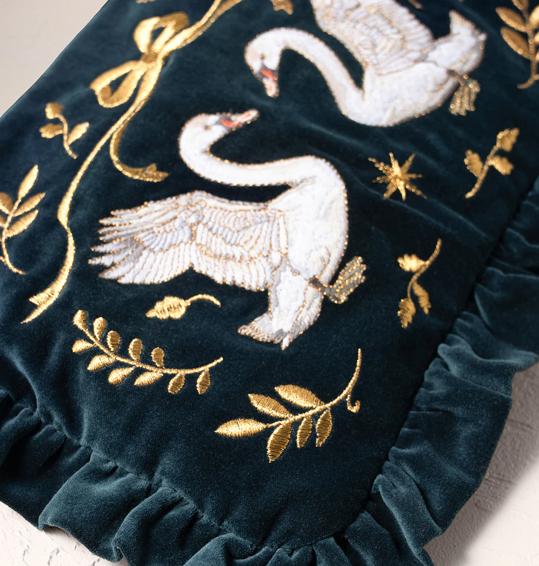 Majestic Swans Velvet Frill Pouch - Ink Blue