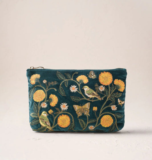 Wild Garden Velvet Everyday Pouch Emerald