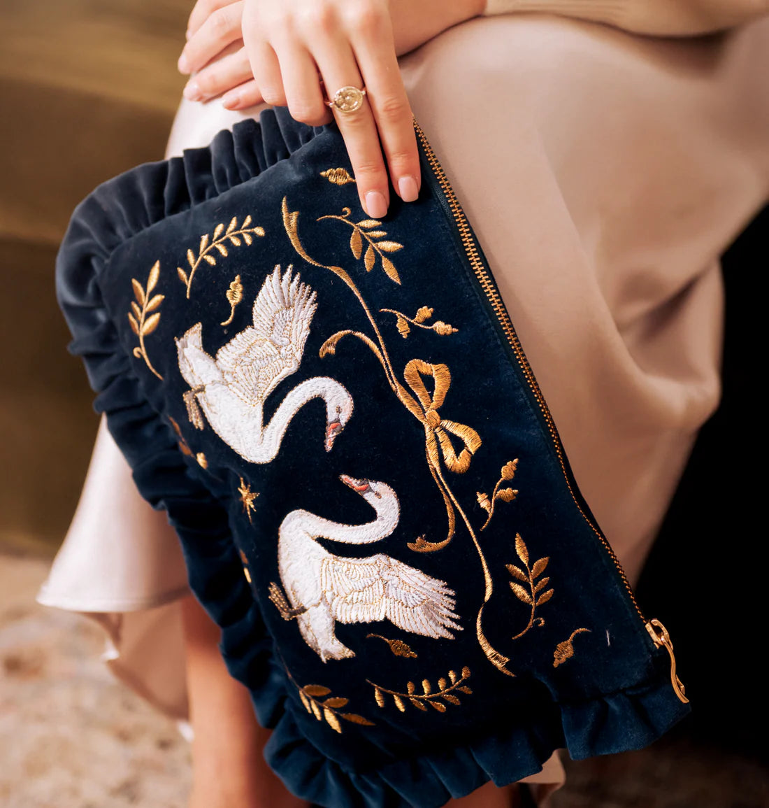 Majestic Swans Velvet Frill Pouch - Ink Blue