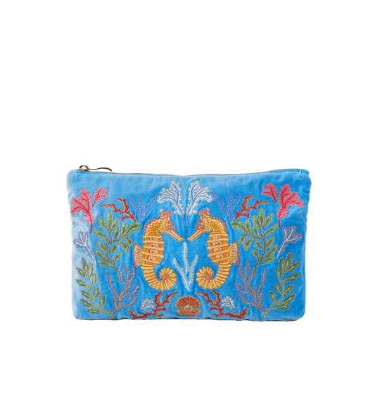 Coral Seahorse Mediterranean Blue Velvet Everyday Pouch