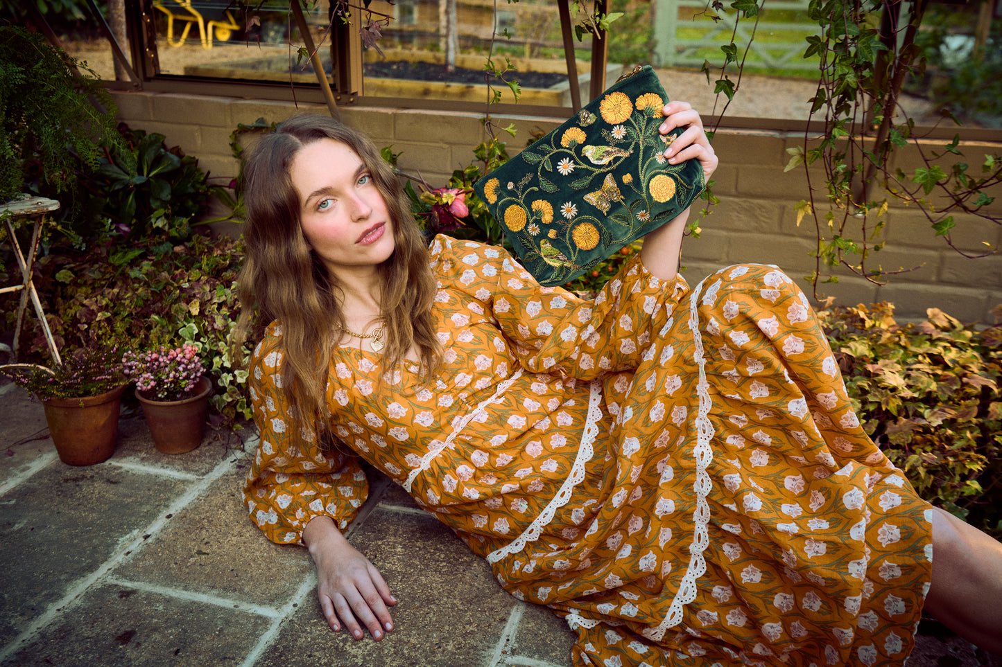 Wild Garden Velvet Everyday Pouch Emerald