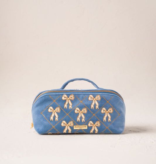 Lattice Bows Velvet Open Flat Makeup Bag - Dusky Blue