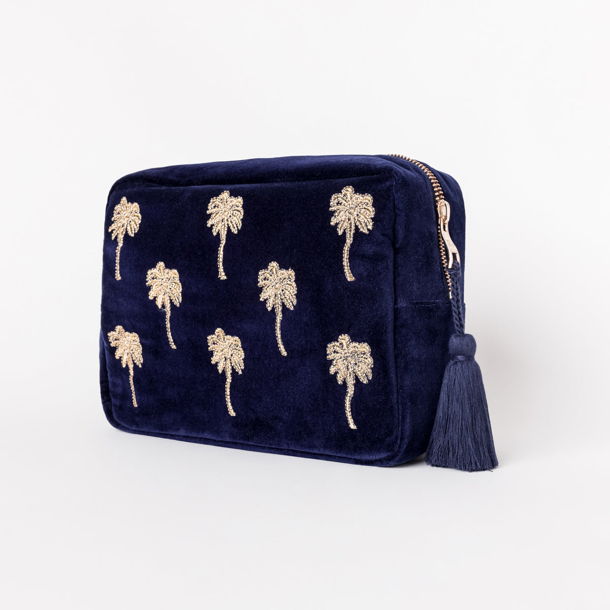 Gold Palm Navy Velvet Wash Bag