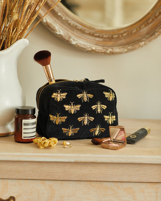 Honey Bee Charcoal Velvet Cosmetics Bag