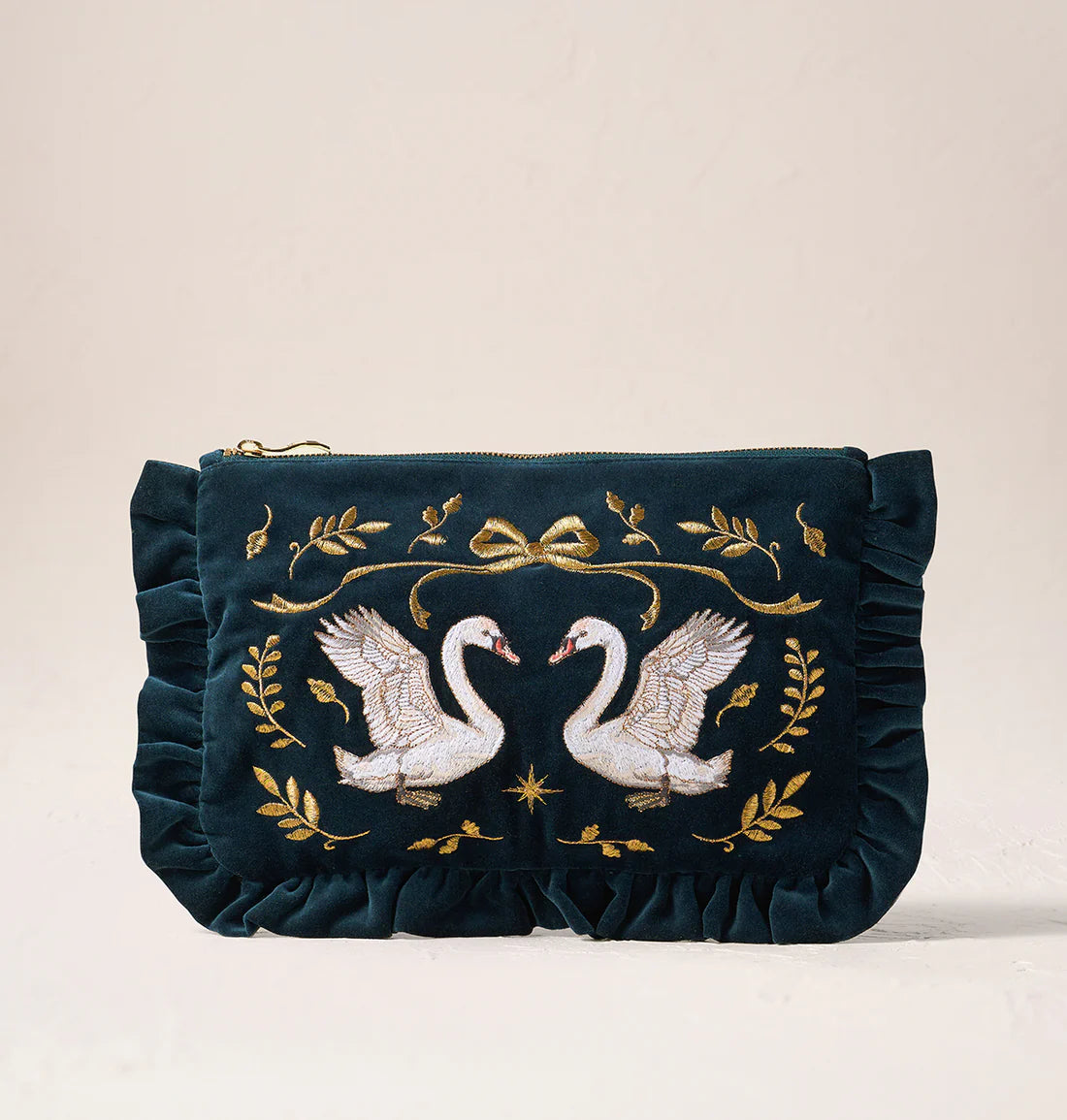 Majestic Swans Velvet Frill Pouch - Ink Blue
