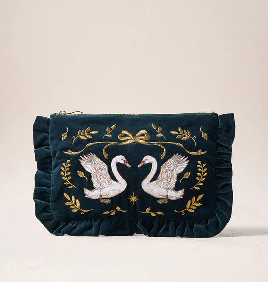 Majestic Swans Velvet Frill Pouch - Ink Blue