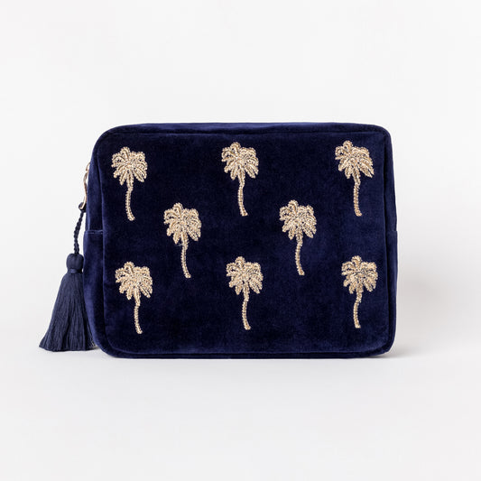 Gold Palm Navy Velvet Wash Bag