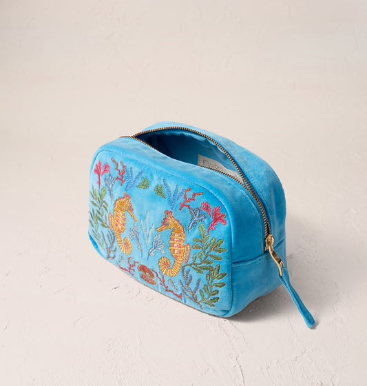 Coral Seahorse Velvet Makeup Bag Mediterranean Blue