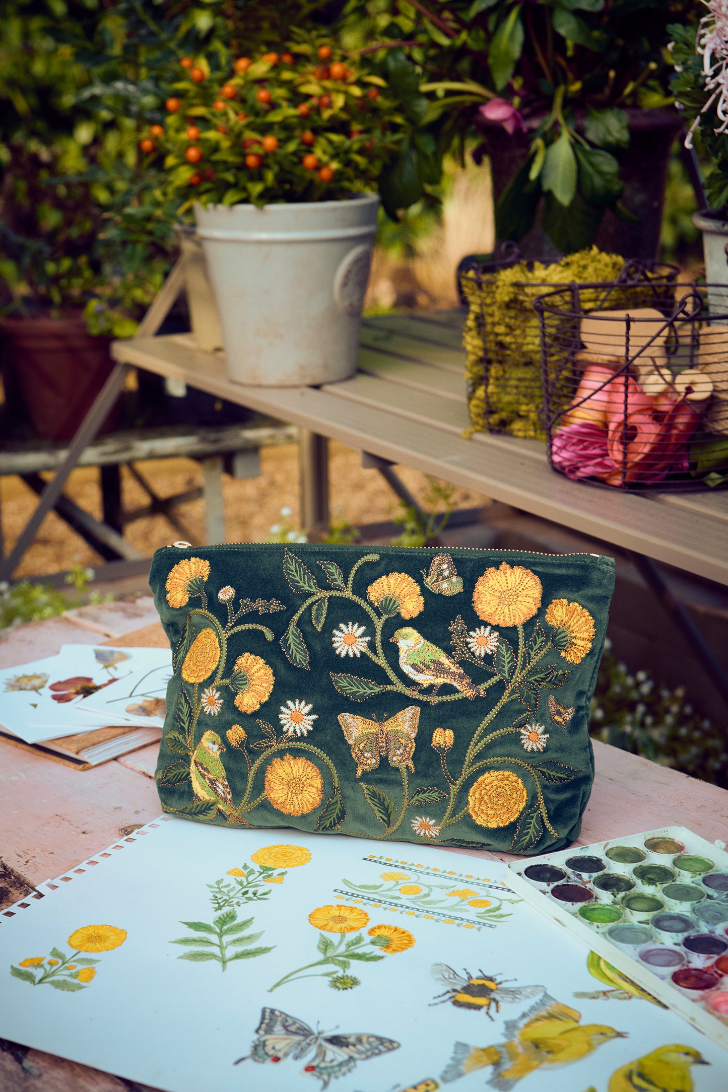 Wild Garden Velvet Everyday Pouch Emerald