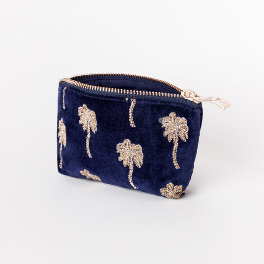 Gold Palm Navy Velvet Coin Purse