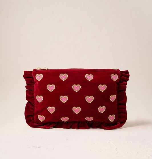Love Hearts Velvet Frill Pouch Rouge