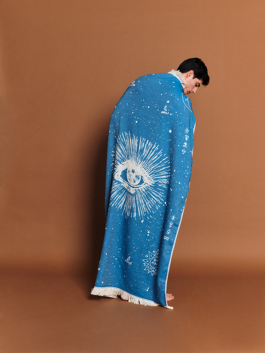 The Cosmos Eye Bright Blue Feather Beach Towel